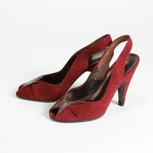 Stephane Kelian Paris Burgundy Suede Peep Toe Slingback High Heels - 5 M